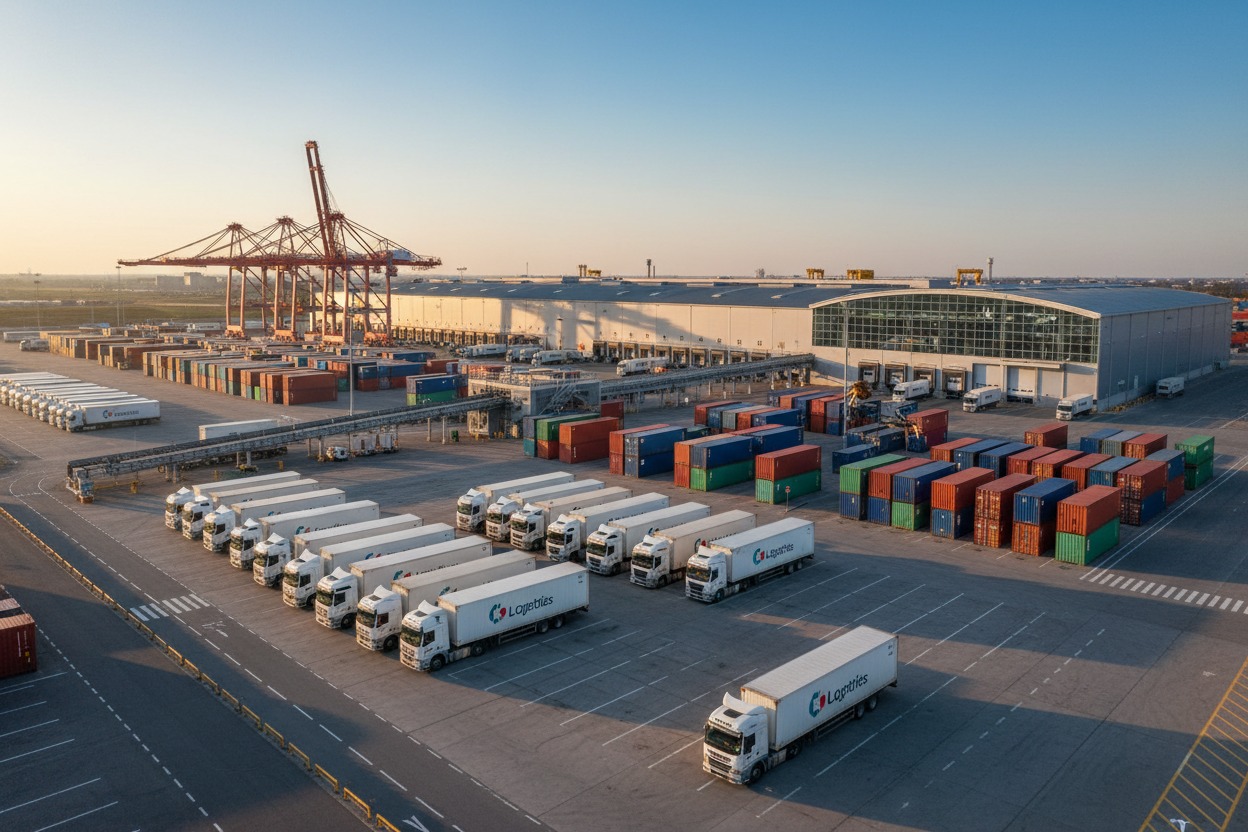 A large logistics facility features rows of parked semi-trucks and numerous shipping containers under a clear sky.